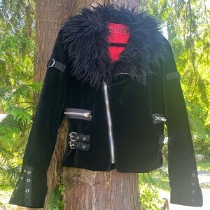 Tripp NYC Velvet Fur Jacket Rare Vintage Goth Royal Bones Coat Buckles Zippers